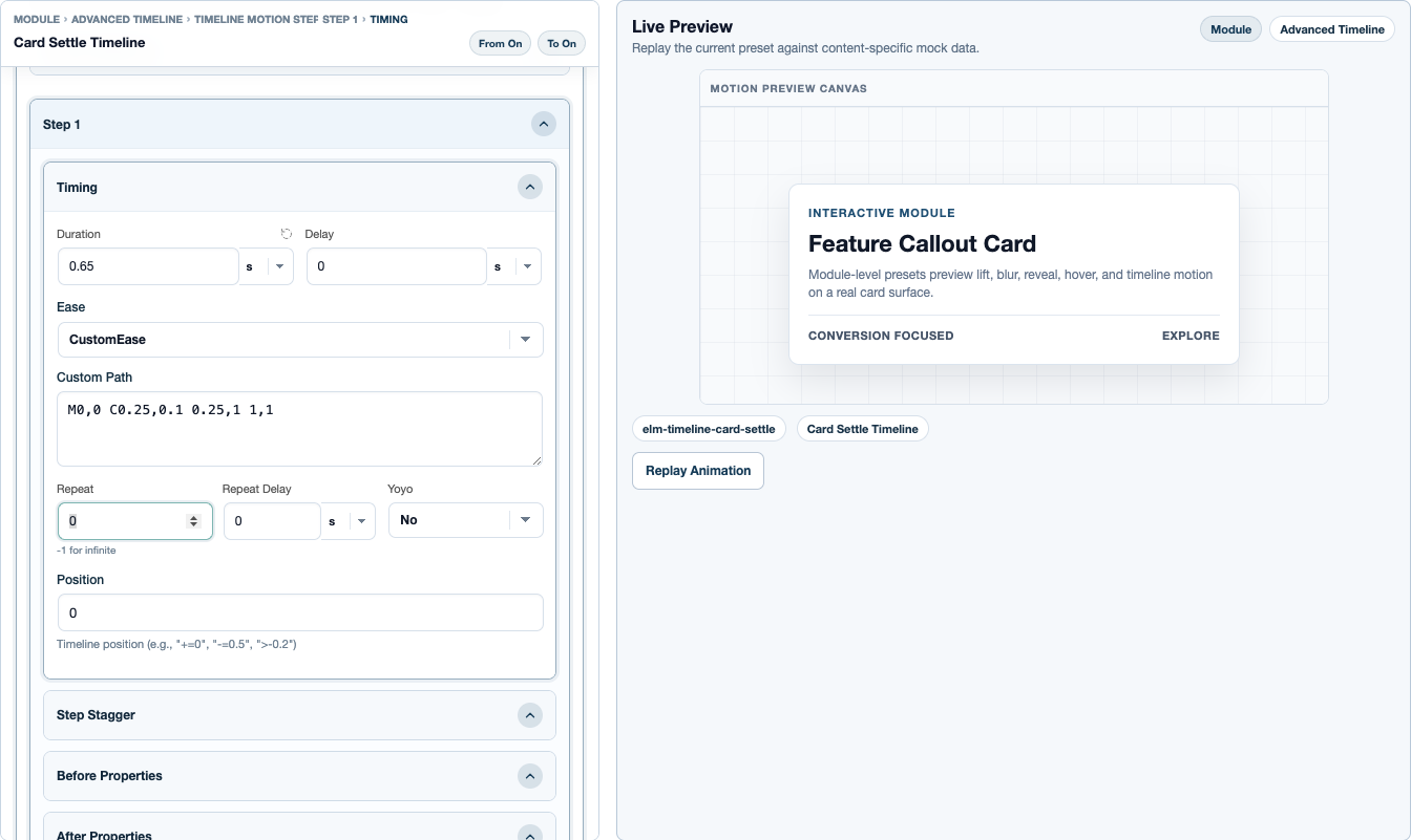 Easing and CustomEase in Elementor Motion.