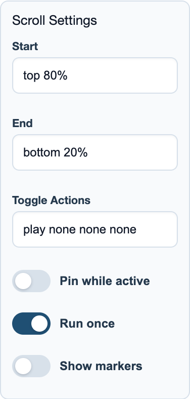 Native scroll trigger settings on the selected content.