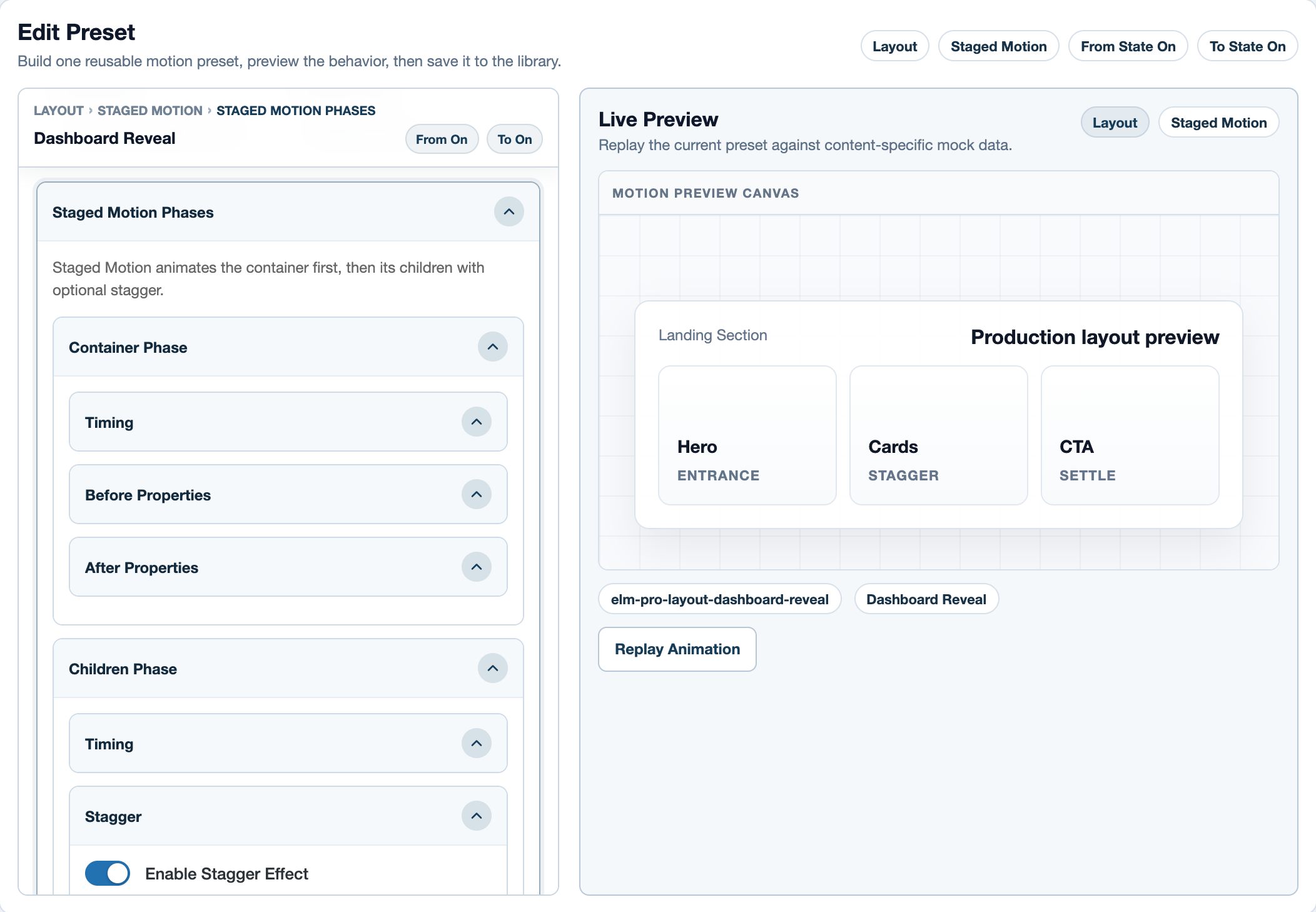 Dashboard Reveal with separate Container and Children phases.