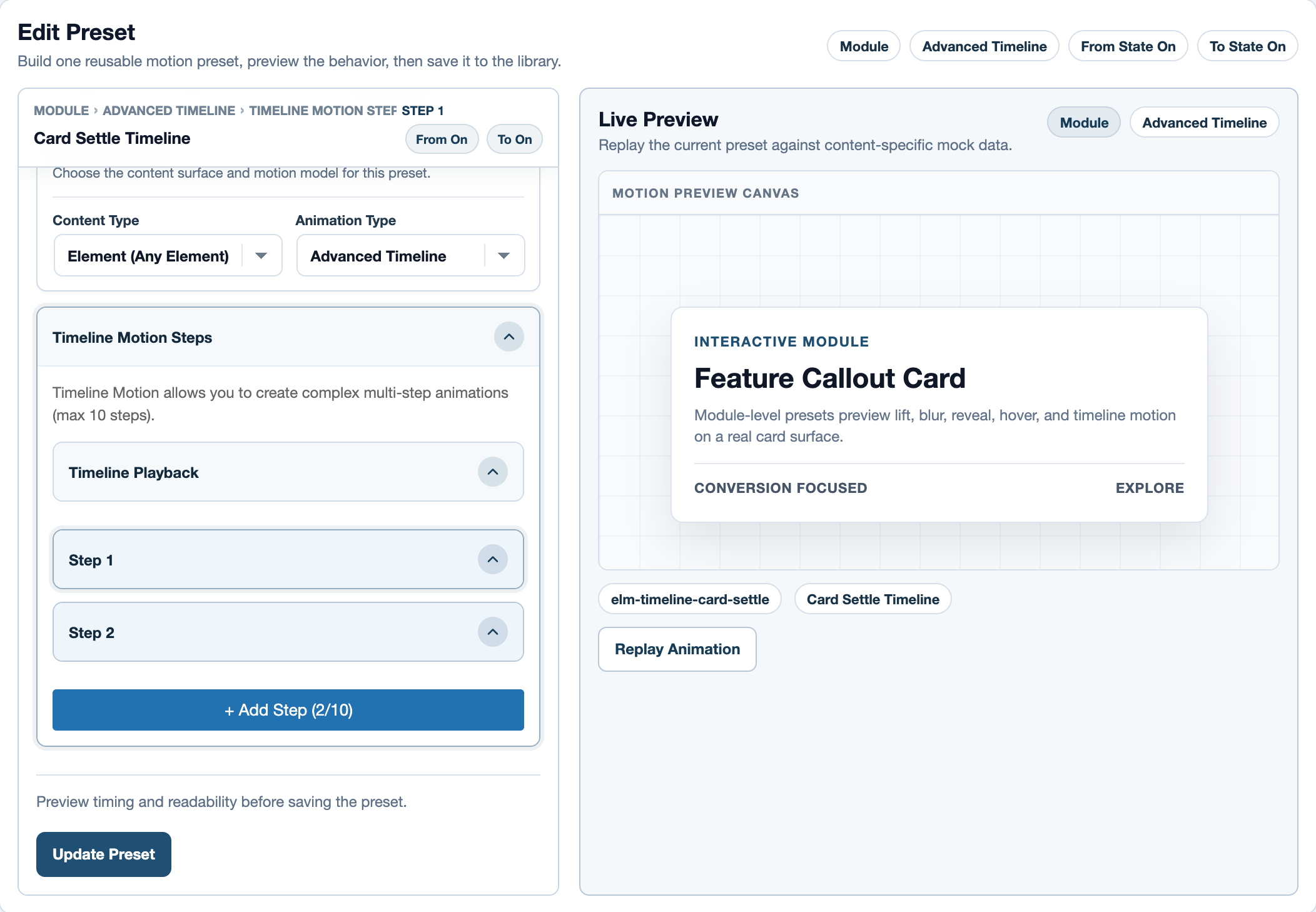 Card Settle Timeline with two steps and its live preview.