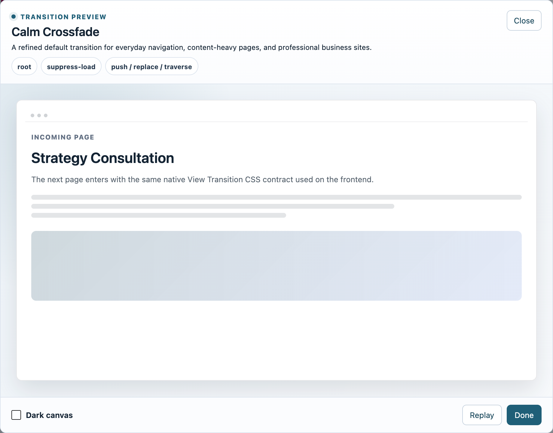 The native Page Transition preview workspace.