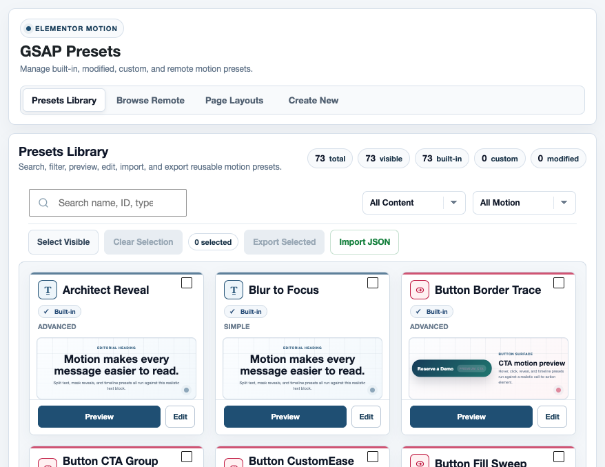Elementor Motion: presets you can preview, edit and apply to compatible content.
