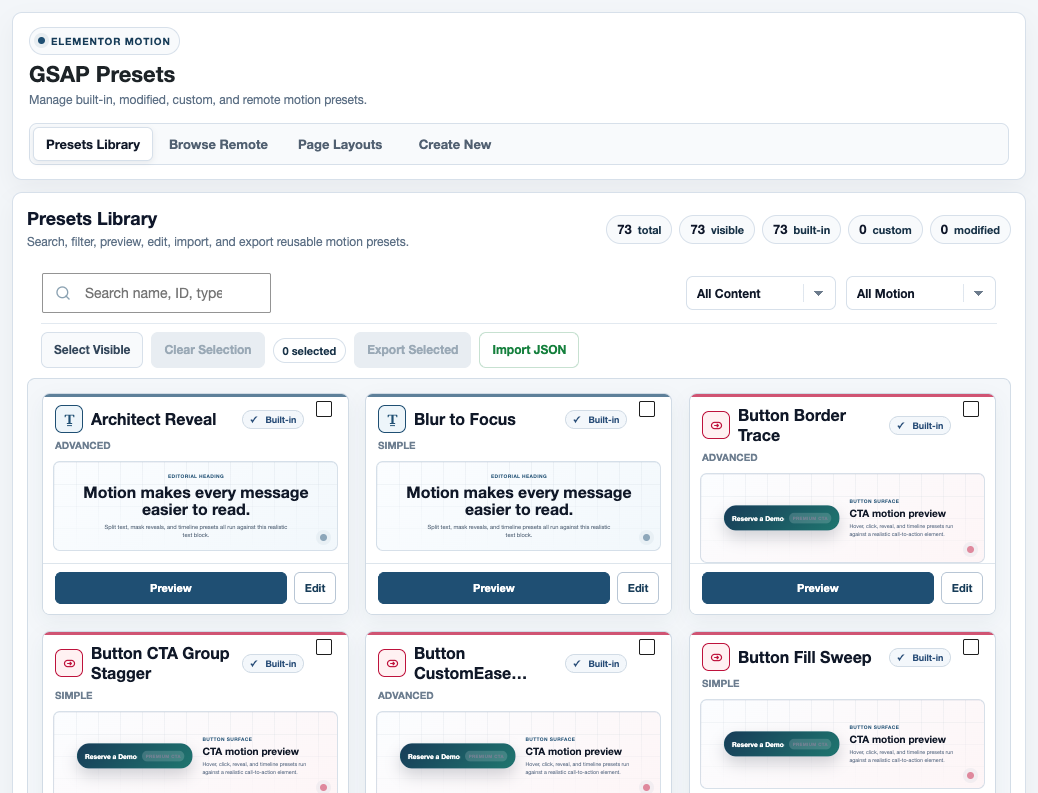 Built-in presets in the native Elementor Motion library.