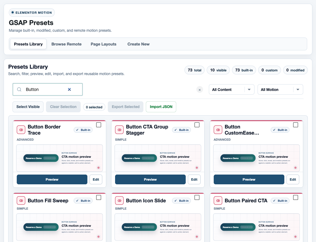 The native library filtered to button motion presets.