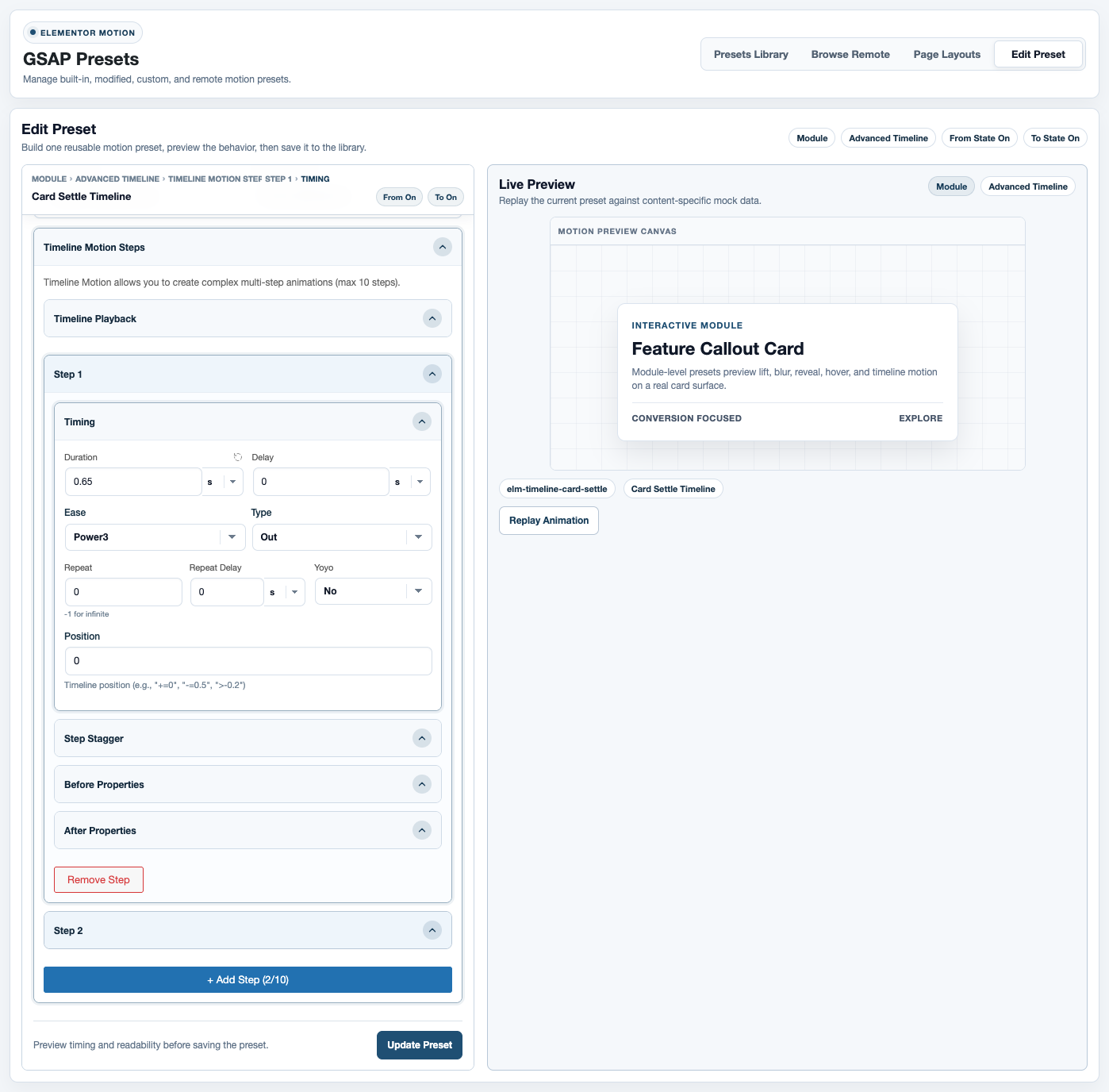 Create a timeline in Elementor Motion.