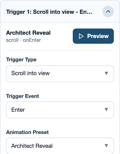 Architect Reveal with its event and preview controls.