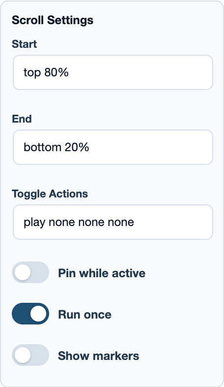 Native scroll trigger settings on the selected content.