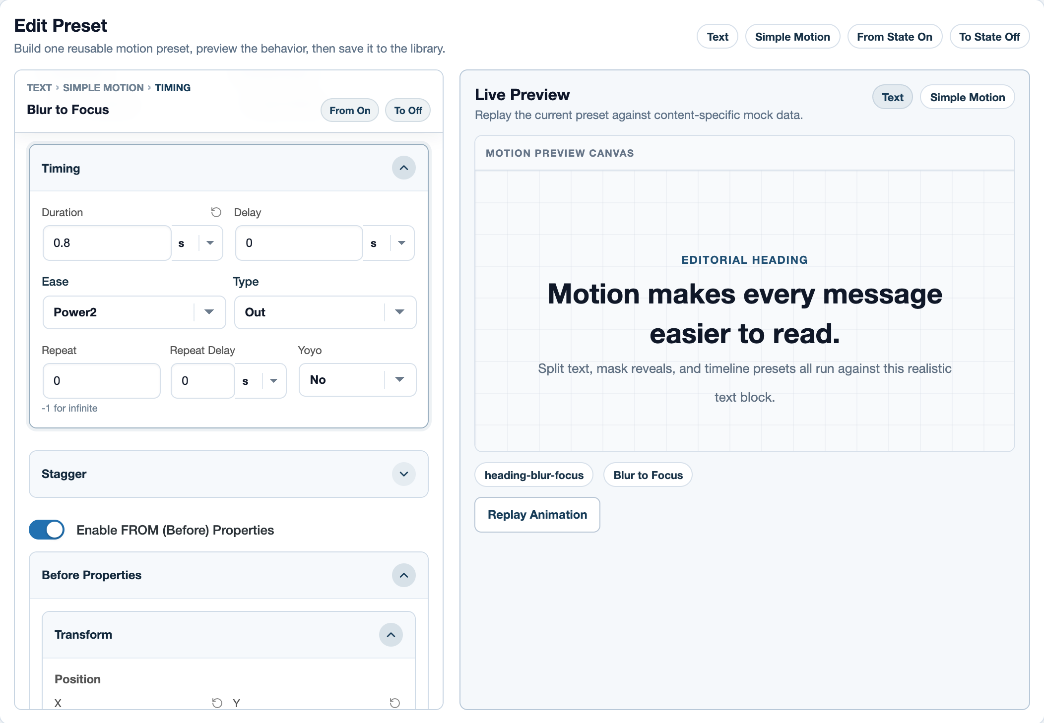 Blur to Focus opened for editing with its timing controls and live preview.