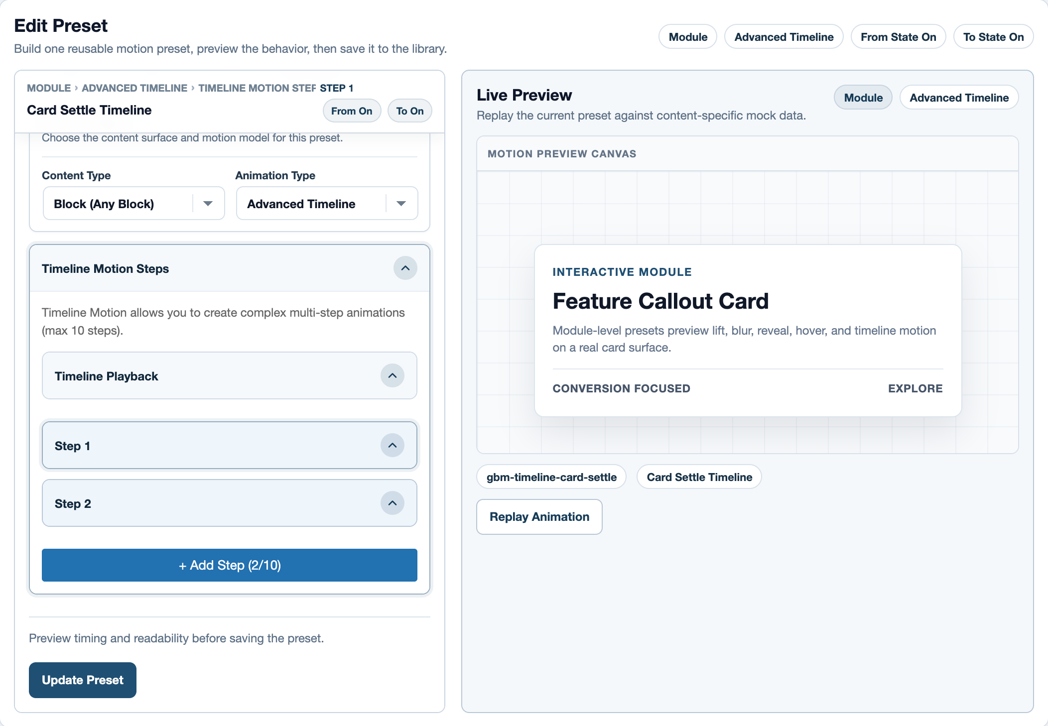 Card Settle Timeline with two steps and its live preview.