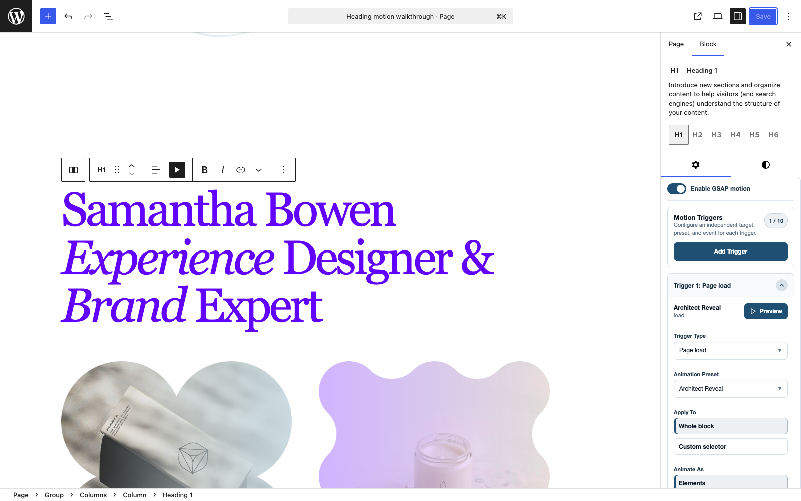 An existing heading and its motion controls in WordPress block editor.