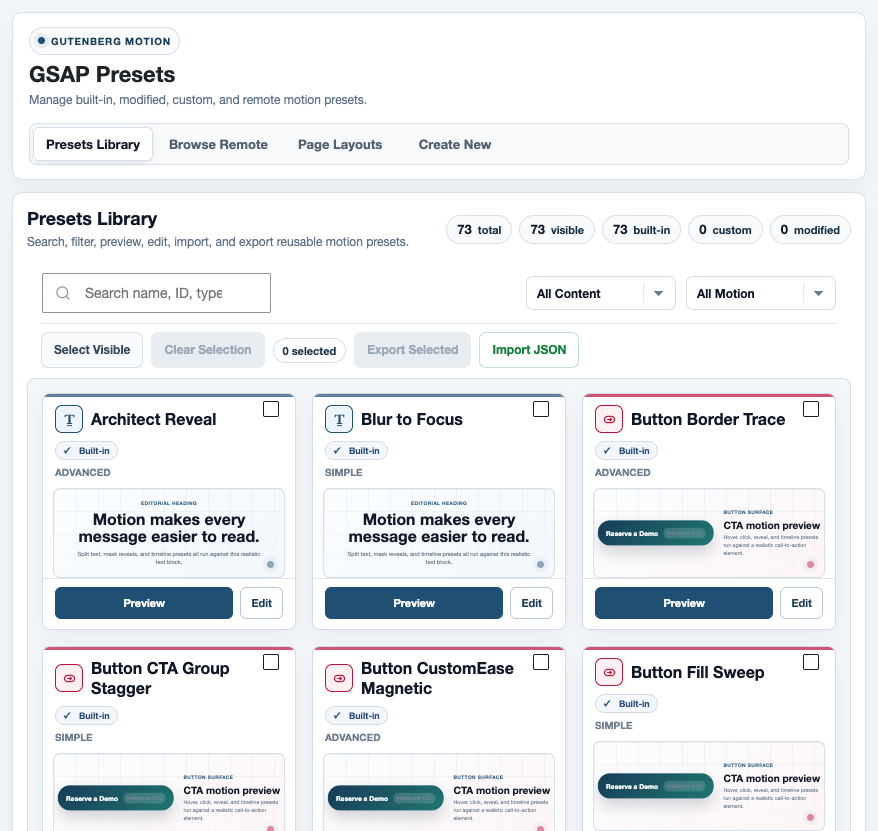 Gutenberg Motion: presets you can preview, edit and apply to compatible content.