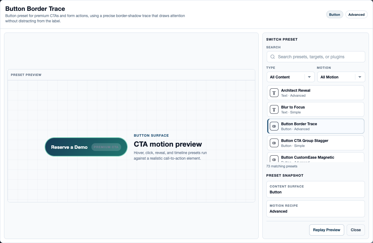 Button Border Trace open in the preset preview modal.