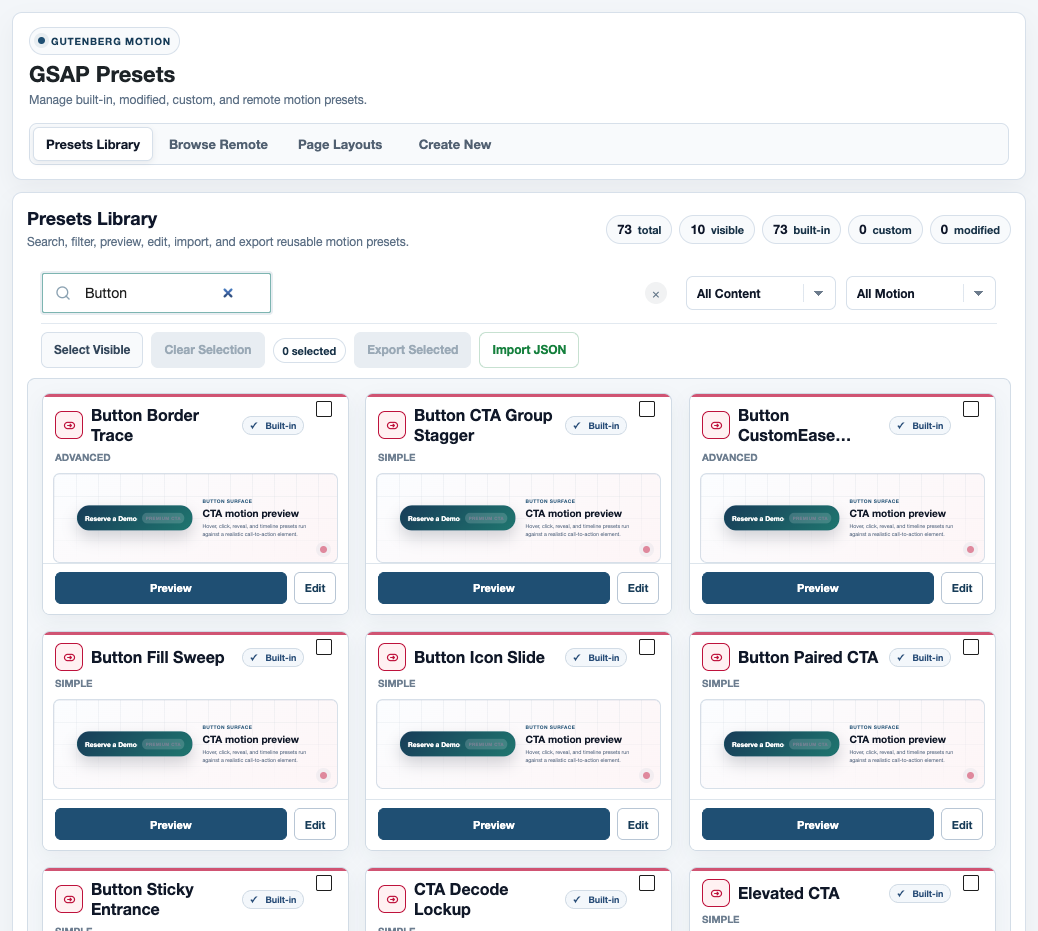 The native library filtered to button motion presets.